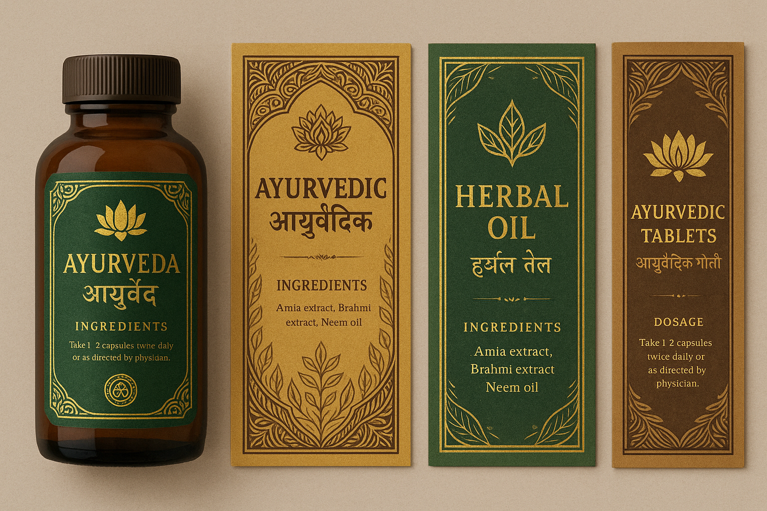 Ayurvedic ingredients bottle and packaging