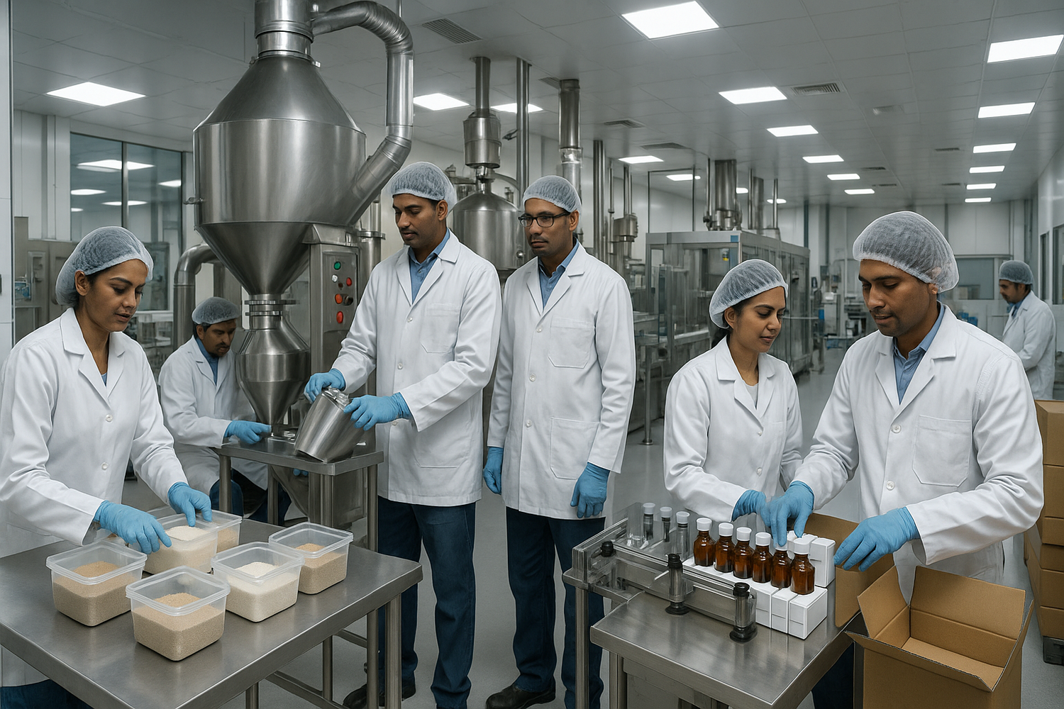 Group of people in a laboratory setting, working with containers and equipment.